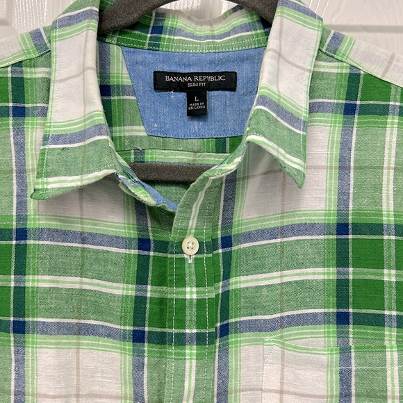 BANANA REPUBLIC SLIM-FIT PLAID LINEN/COTTON SHIRT MEN BUTTON DOWN FLIP CUFF SZ L - Picture 2 of 10